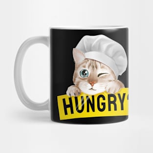 Cute cat in chef hat holding hungry sign illustration Mug